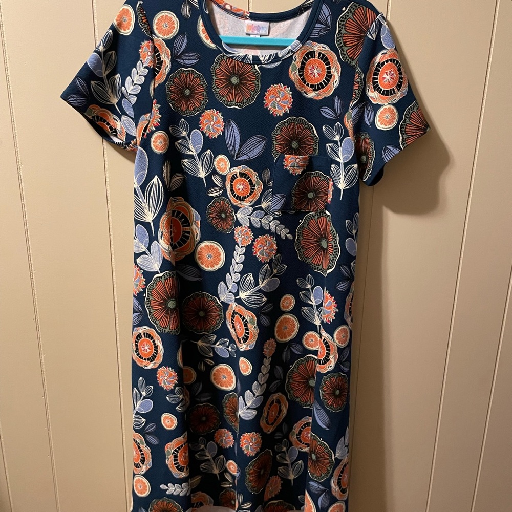 Print flowing dress. Longer in back. Runs big.